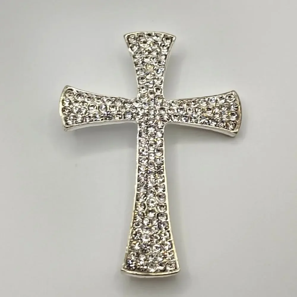 Rhinestone Cross Brooch Clear Stones on Silver Tone Metal